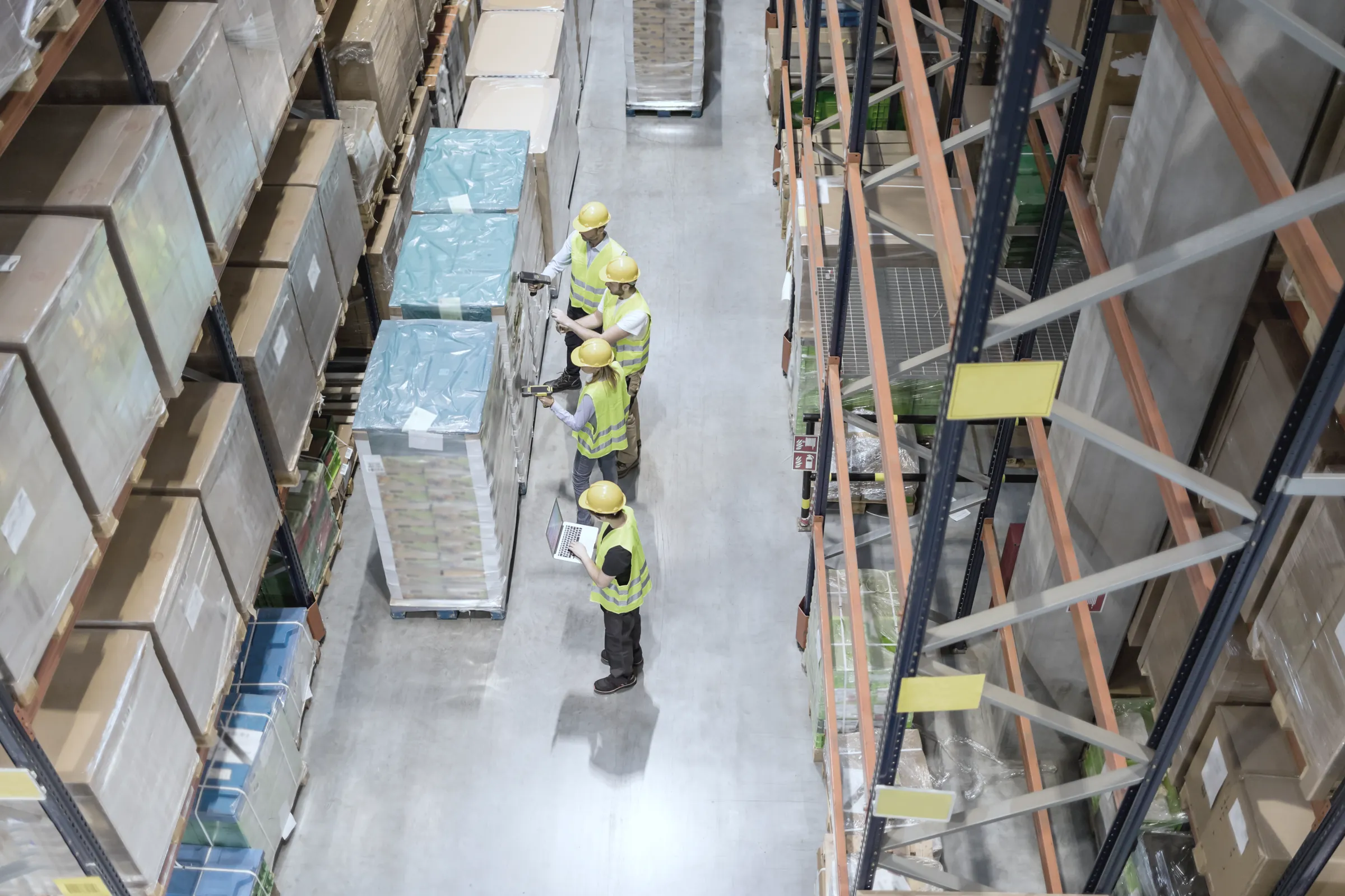 Warehouse aisle with palletized inventory seen from above